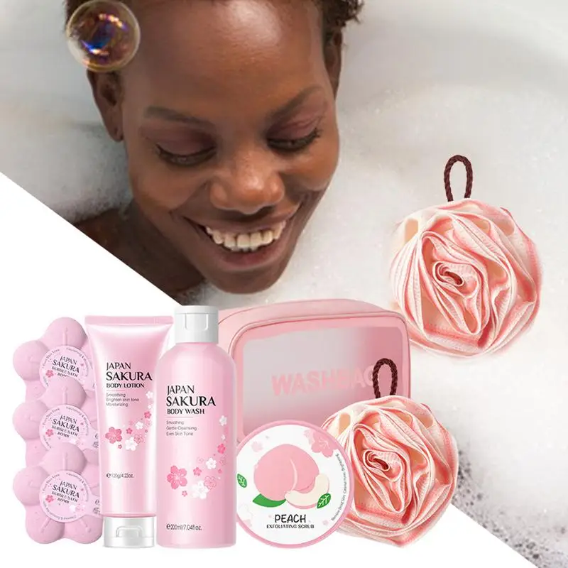 

Travel Washing Set Body Moisturizing Set Cherry Bath Set Bath Bath Set Includes Scrub Shower Gel Bath Salt Bath Puff Body lotion