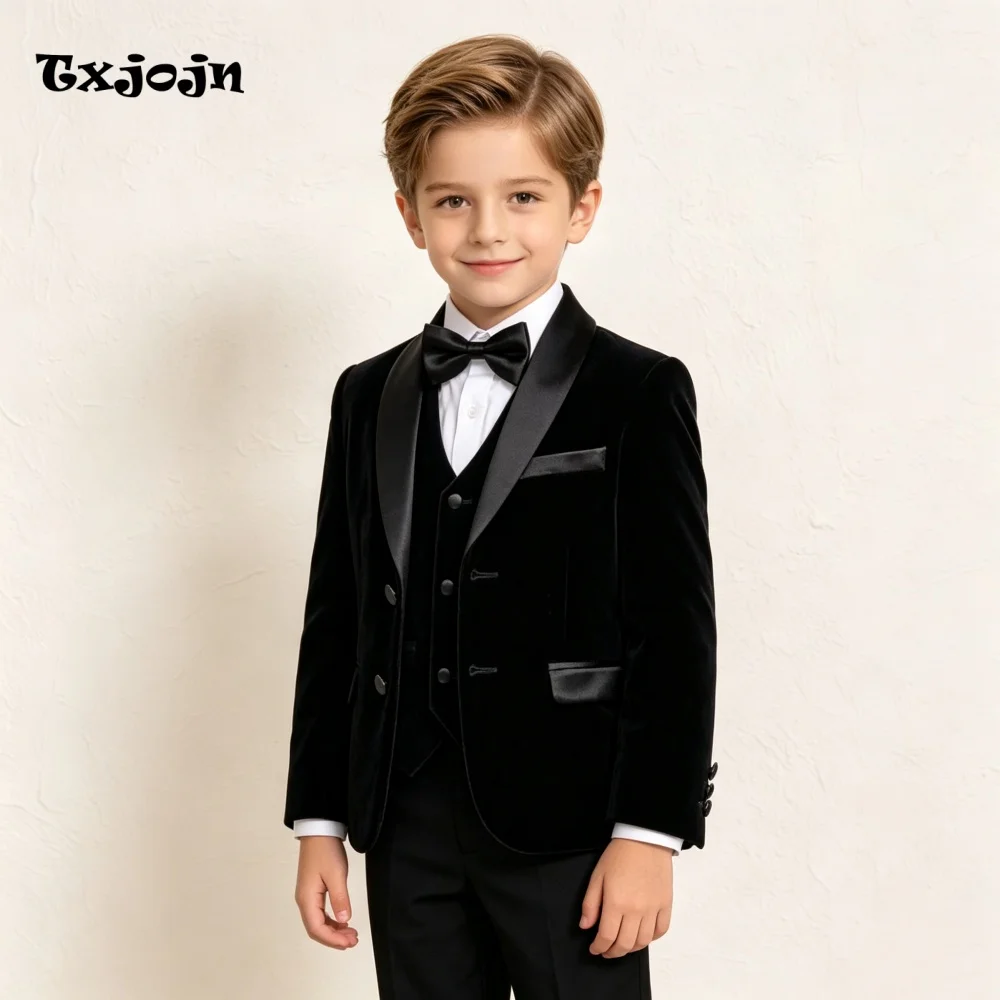 Formal Suit Set for Boys Wedding Tuxedo 3 Piece Classic Velvet Black Jacket Pants Vest Kids Blazer Set Slim Fit Tailored Outfit