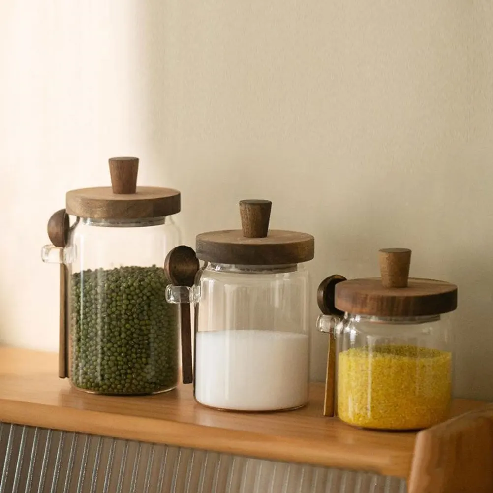 

3pcs Glass Jar With Wooden lid, 400ml 550ml 850ml Combination Glass jars, With Wooden Spoon Storage Can For Coffee Tea Kitchen