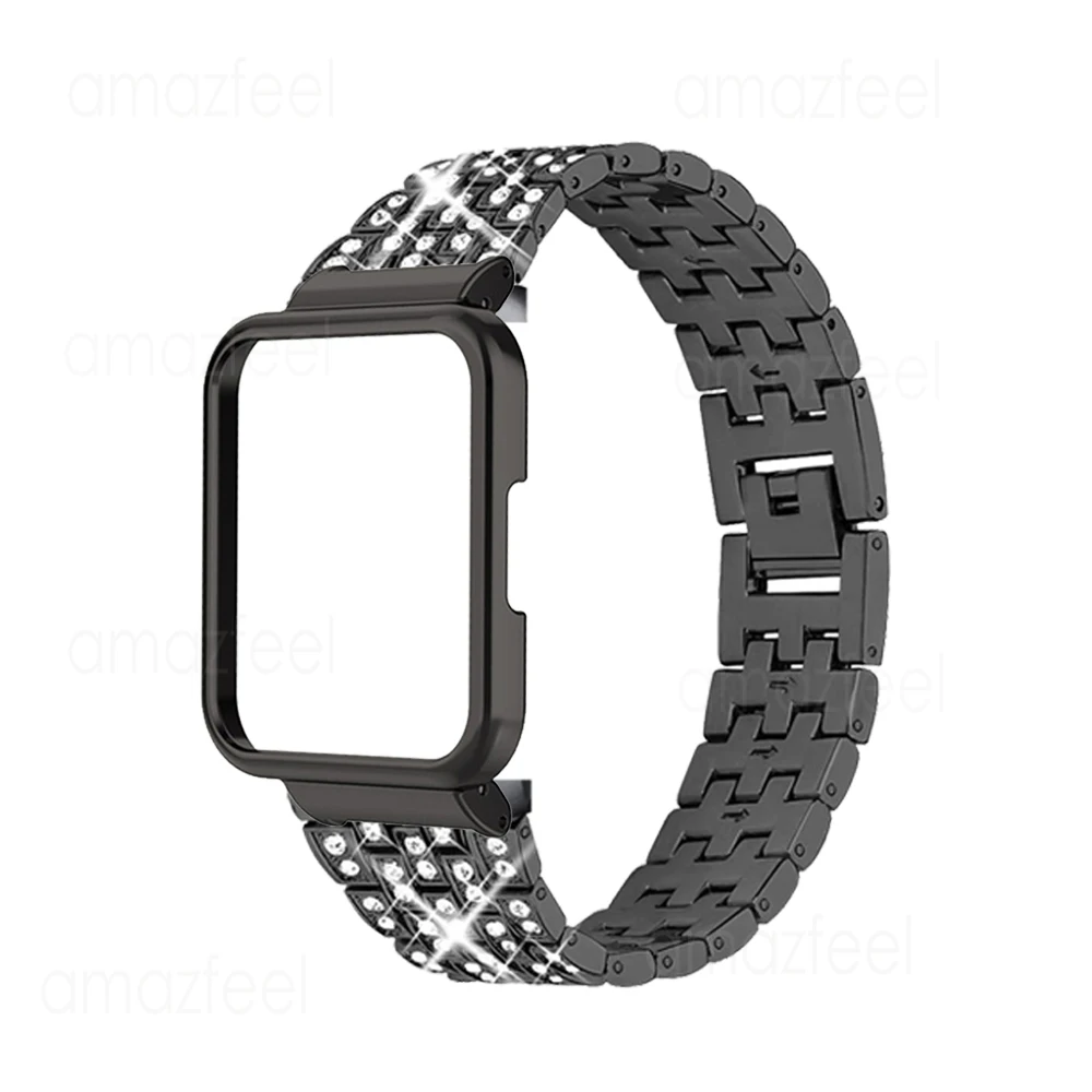 2in1 ダイヤモンドストラップ + ケースプロテクター Xiaomi Redmi Watch 3 アクティブブレスレット金属ステンレス鋼リストバンドコレアアクセサリー