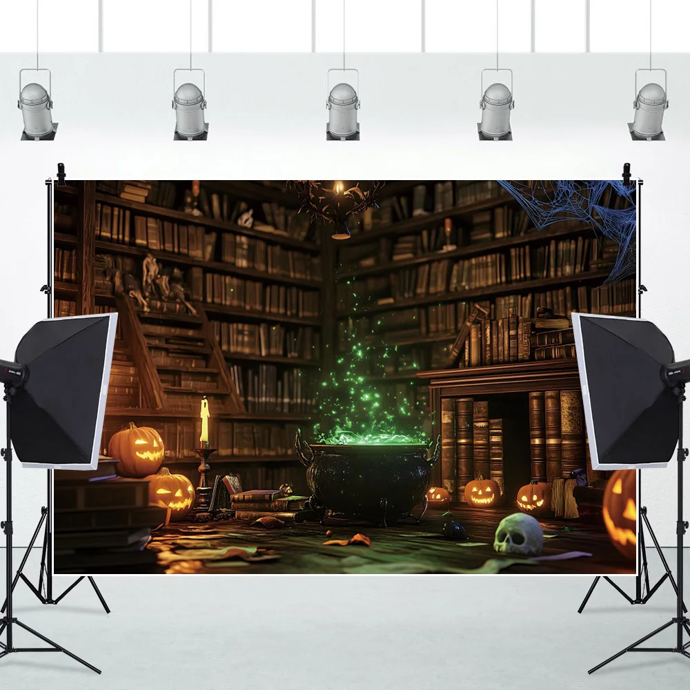 خلفية مكتبة هالوين عتيقة ، رف كتب عتيق ، كتب فوانيس يقطين ، حساء ساحر سحري ، ديكور خلفية تصوير هالو