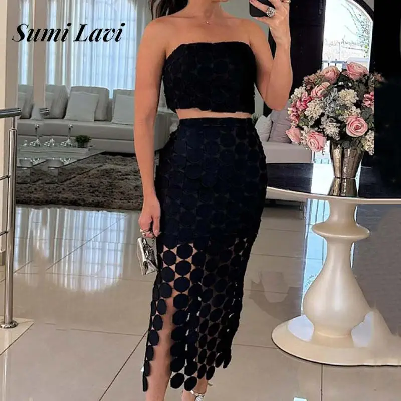 Women Elegant Hollow Out Holiday Outfits 2024 Fashion Solid Slim 2Pc Suits Sexy Off Shoulder Strapless Top & Hip Wrap Skirt Set