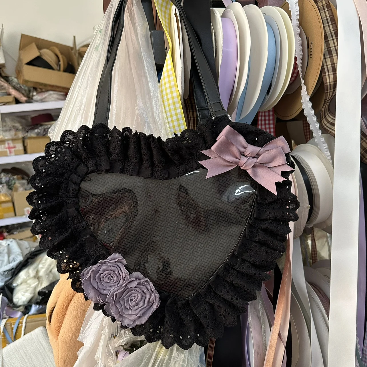 Japanese Daily Out Dating Lolita Element Heart-shaped Women's Bag Cute Sweet Girl Bow Lace Ruffled Edge Pain Bag Shoulder Bag