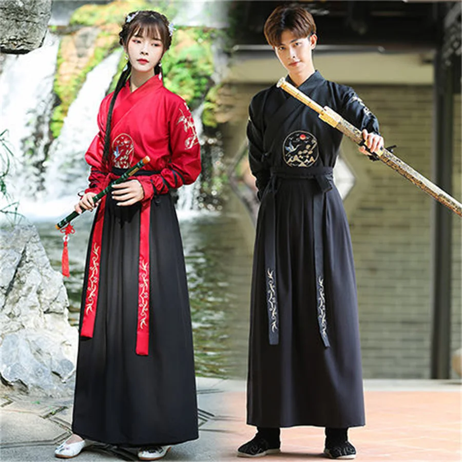 Unisex vestuário tradicional chinês, cruz-colarinho Han terno, adulto, estilo marcial, Hanfu, feminino, masculino, antigo, Cosplay, casal, Costum