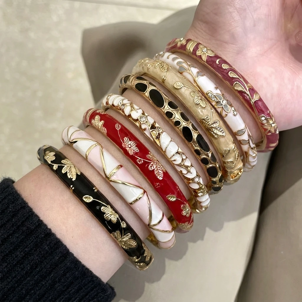 French Vintage Colorful Drip Oil Flower Bracelet Women's Ethnic Style Versatile Sweet Floral Bracelet Party Jewelry Gift