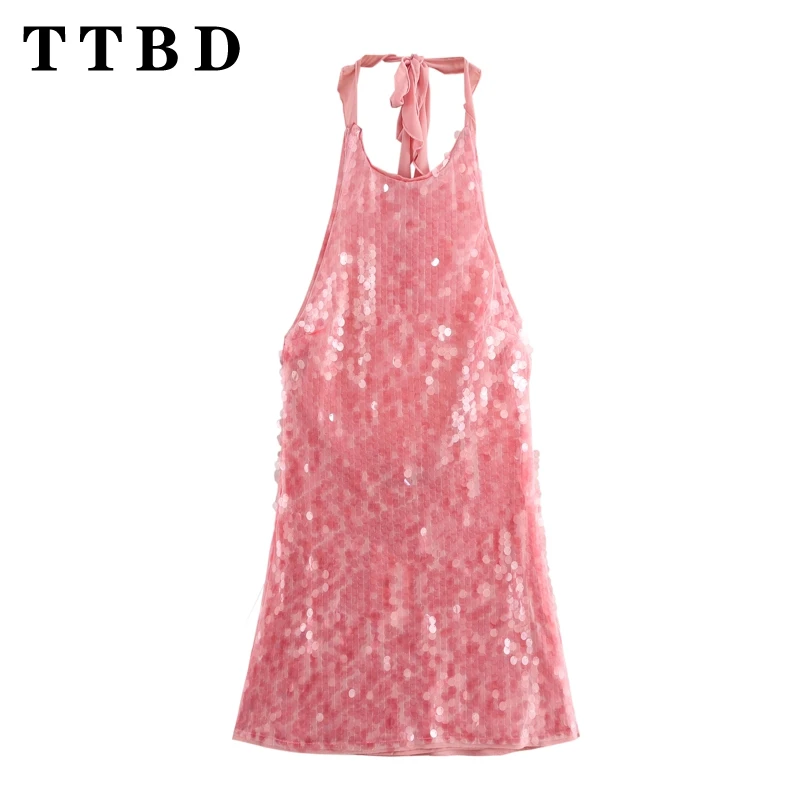 TTBD 2024 Summer Women\'s Fashion Backless Mini Dress O-Neck Sleeveless with Sequin Decoration Beach Style Slim Fit Dress