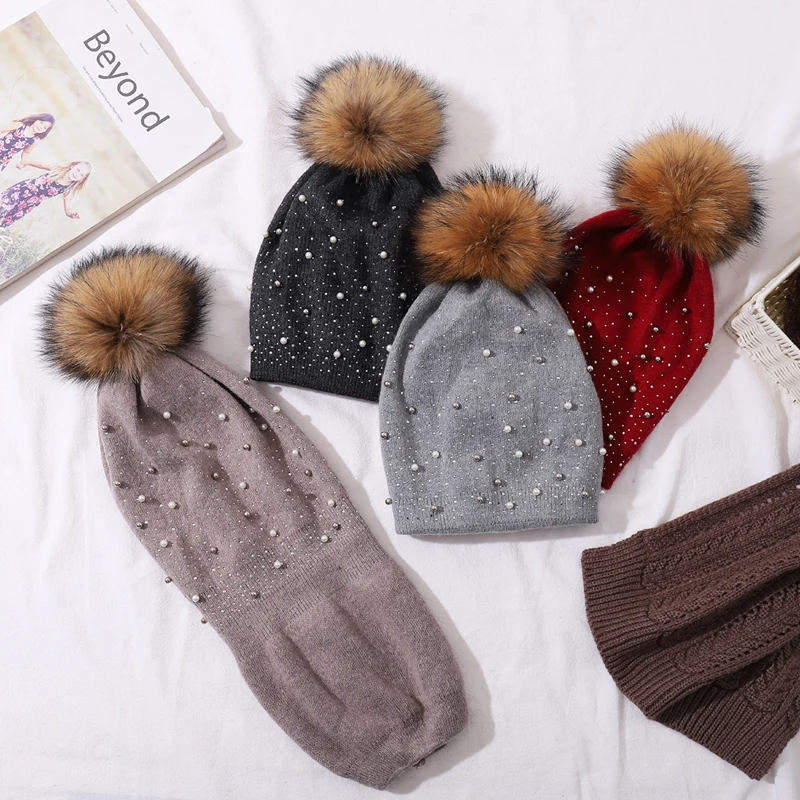 CNTANG Decorate Pearl Women Beanie Knitted Wool Hats Fashion Natural Raccoon Fur Pompom Hat Autumn Winter Warm Casual Ladies Cap