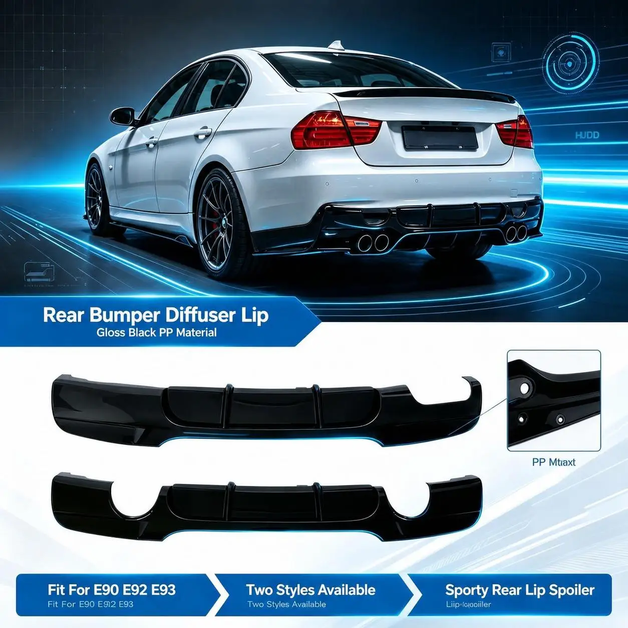 Diffusore per paraurti posteriore per BMW Serie 3 E90 E92 E93, spoiler posteriore in plastica PP, splitter inferiore per paraurti posteriore nero lucido