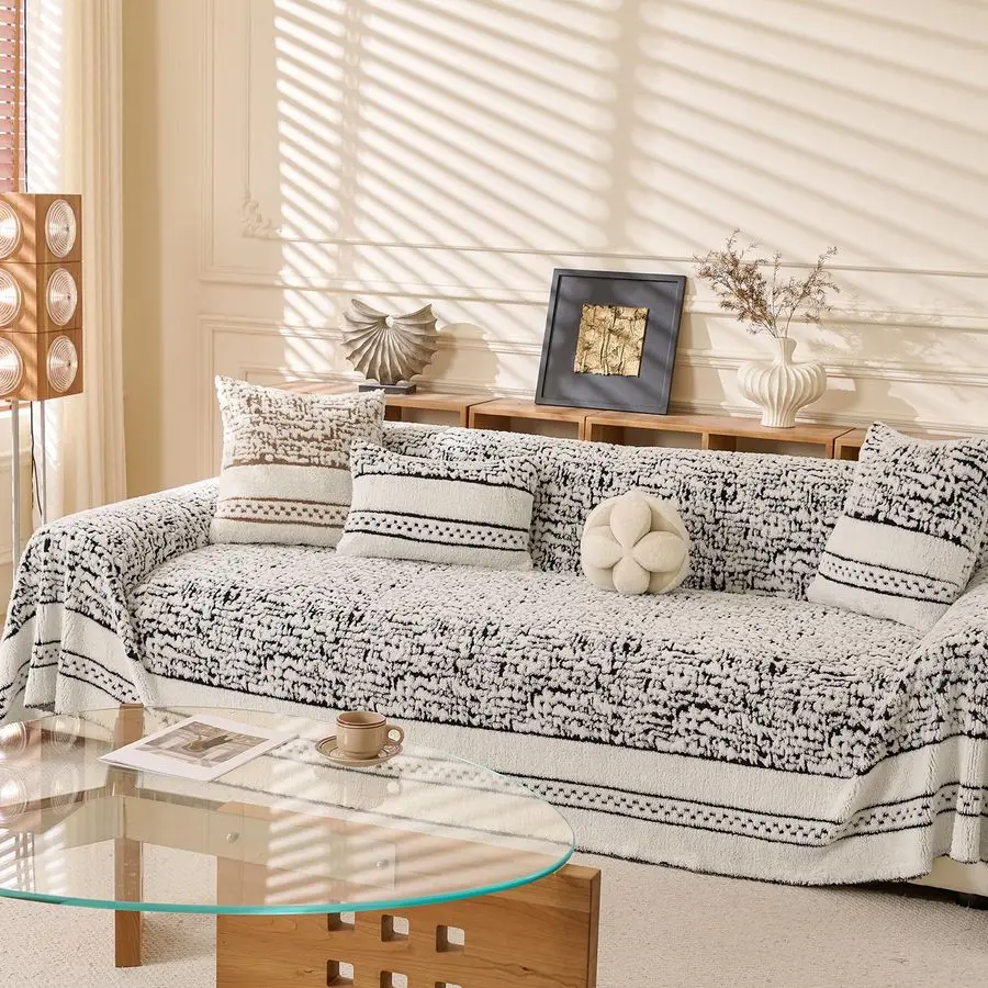 

Thicked Striped Boho Black Couch Cover for 23 Cushion Sofa, Fuzzy Plush Warm Sofa Slipcovers Sectional Sofas Covers, Non Slip Wa