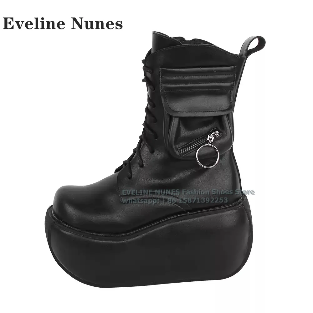 Pocket Zip Platform Thick Sole Ankle Boots Big Toe Height Increasing Cross Tied Black Patchwork Snow Boots Plus Size 2024 Winter