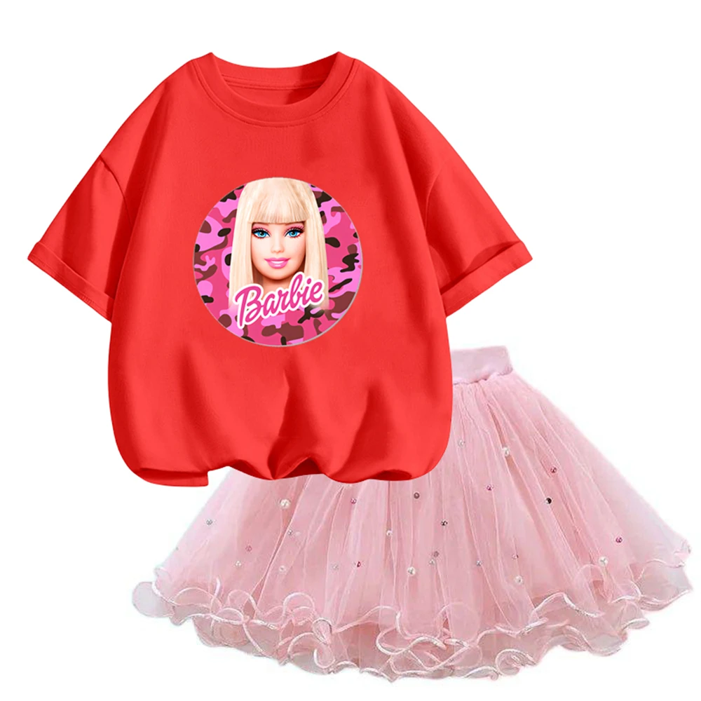 2024 Summer Barbie Print baby Suits Short-sleeved T-shirt and Tulle Skirt 2Pcs Sets Girls Party Clothes Outfits