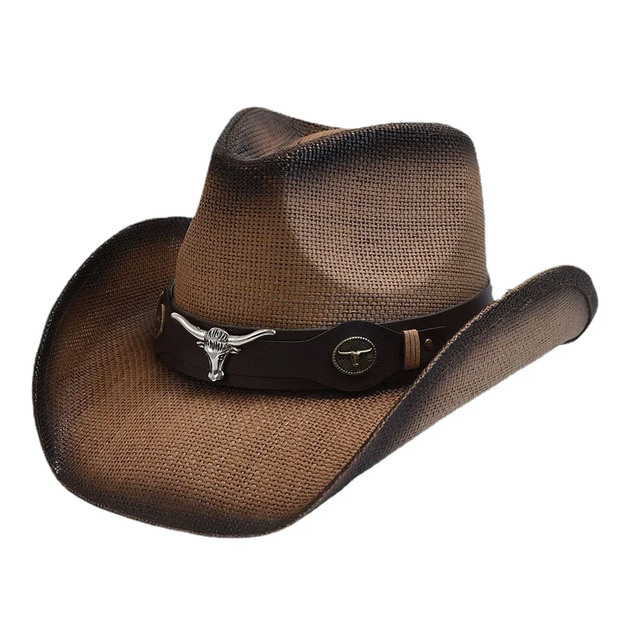 Pogrubiony słomkowy kapelusz męski damski Vintage Curled Edge Country i zachodni kapelusz kowbojski lato kapelusz przeciwsłoneczny na plażę Sombrero Hombre — zdjęcie 2