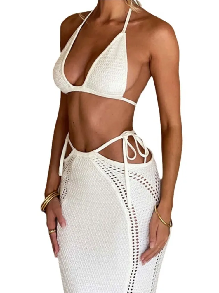 Conjunto de Bikini sin tirantes para mujer, Top corto y falda de retazos, traje de baño plisado de punto a la moda para playa