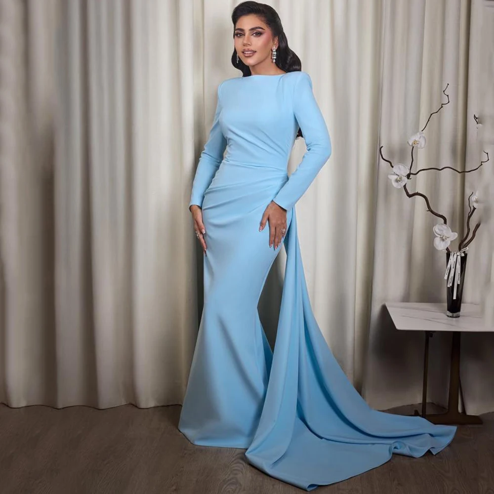 

Simple Jersey Evening Dress Customized Scoop Neck Long Sleeves Mermaid Floor Length Sky Blue Prom Gown Formal Party Dresses