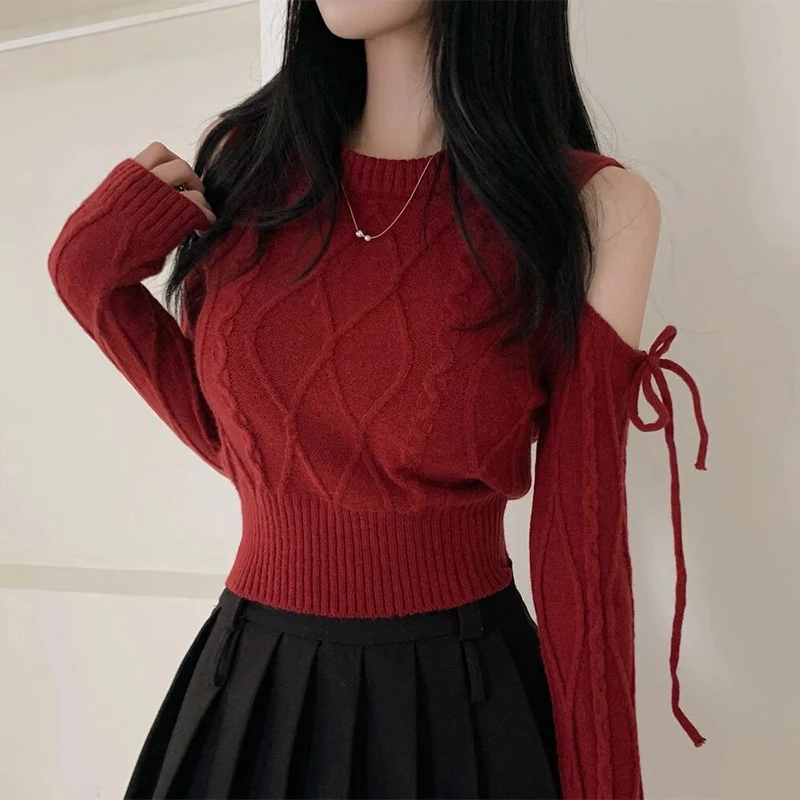 Suéter de Punto Vintage Otoñal Chic, Hombros Descubiertos, Manga Larga, Cuello Redondo, Diseño Trenzado, Ropa Casual de Moda ...