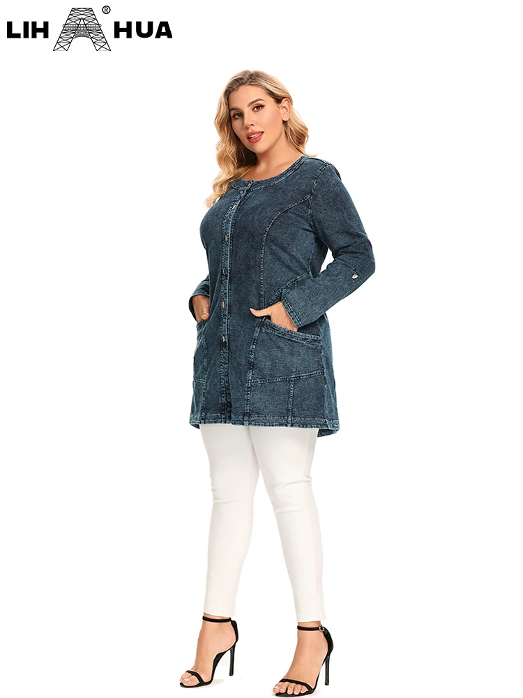 LIH HUA Frauen Plus Size Denim Jacke Herbst Mode Elegante Jacke Für Runde Frauen Langarm Baumwolle Strickjacke