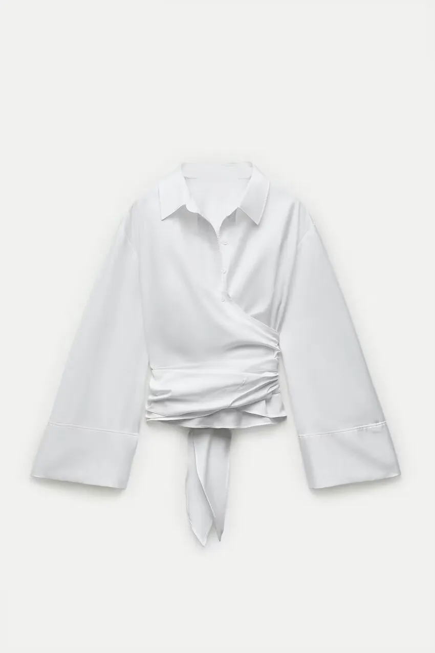 LIBIELIY Women's New Fashion Double Lapel Wide Sleeve Solid Color Poplin Shirt Basic Blouse Multi-color Options