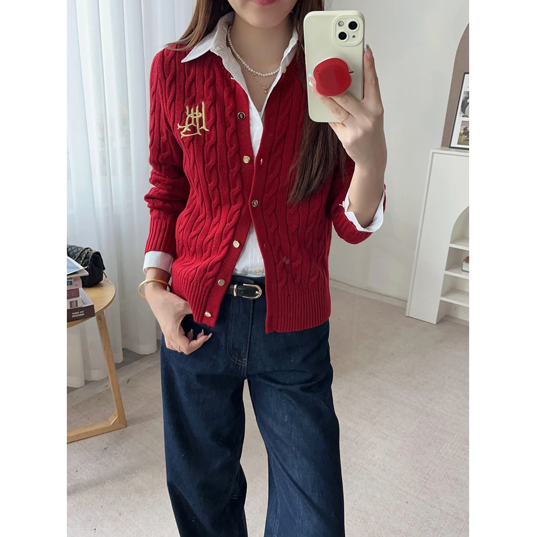 

American Sle Classic Versatile 25 Autumn Fine Embroidery Retro Twist Wool round Ne Knitted Open Cardigan Women 3 Colors