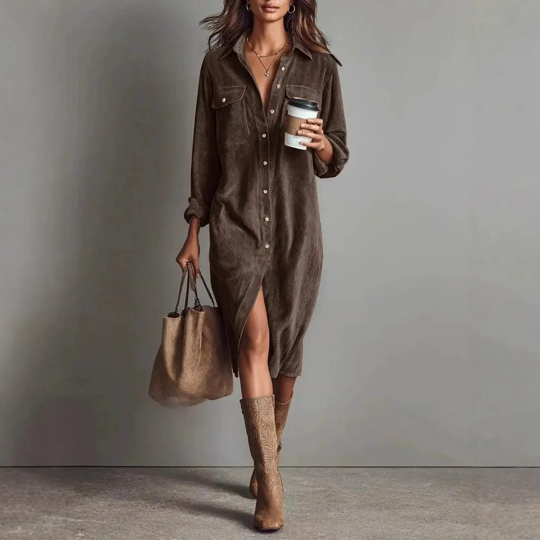 Nouveau 2025 couleur Pure velours côtelé longue Sve Dr col montant jupe longue ample trajet Sle taille moyenne t-shirt acétate Fiber