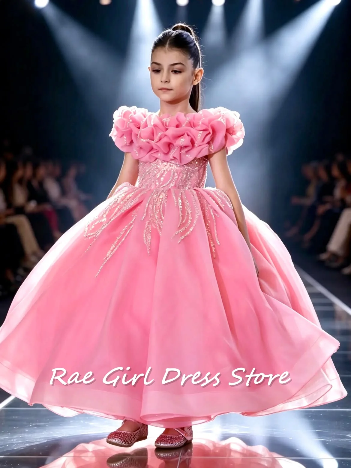 Pink Organza Flower Girl Dress Off Shoulder 3D Ruffle Neckline Beaded Bodice A Line Floor Length Birthday Formal Gowns Custom
