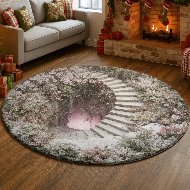 Pink Cherry Blossom Rug Spring Sakura Staircase Carpet Soft Floral Garden Floor Mat Pastel Illusion Rug Fairy Core Home Decor