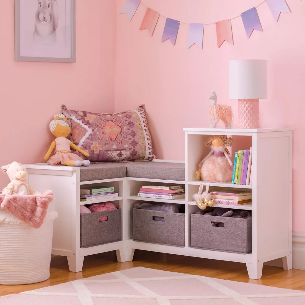 Angolo angolare per bambini - Lino bianco: panca portaoggetti in legno, organizer per libreria con cuscino del sedile e contenitori in tessuto