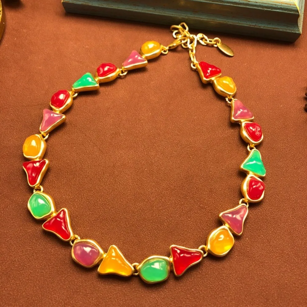 Design Sense Colored Jelly Resin Gemstone Inlaid Necklace and Bracelet Jewelry Set Heavy Temperament, Sweet Versatile Jewelry