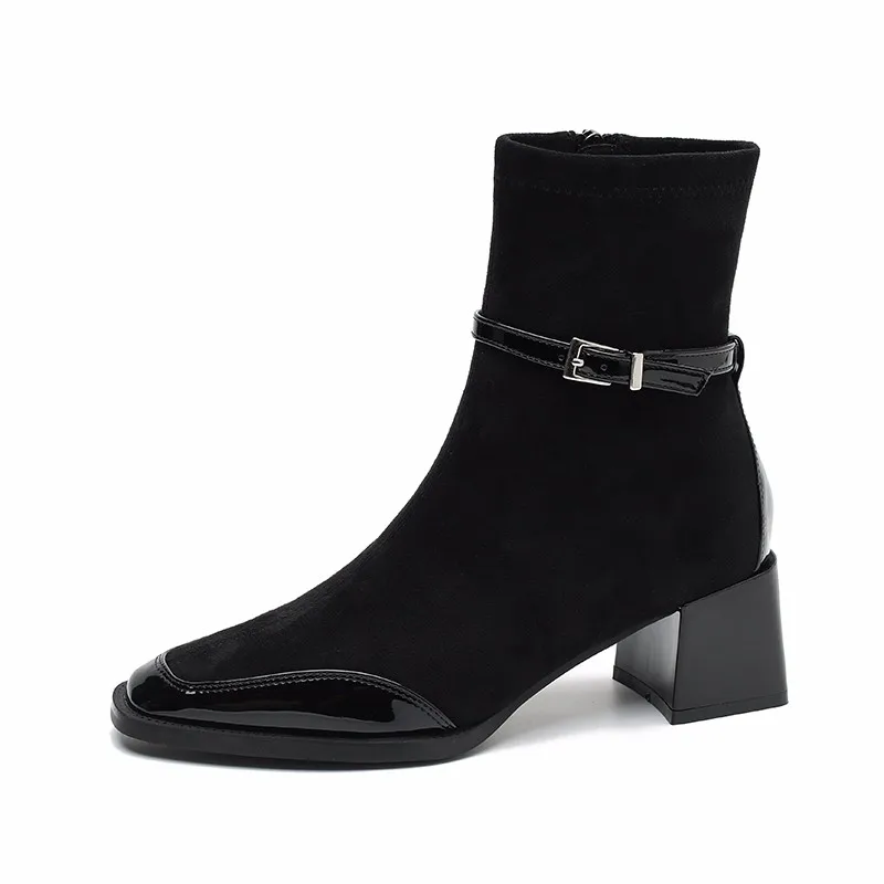 الخريف الشتاء ساحة تو النساء حذاء من الجلد حزام مشبك كعب سميك أحذية الشارع نمط مأدبة فستان الحفلات قصيرة بوتاس Mujer