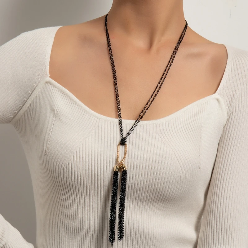 Long Tassel Pendents Necklaces for Women Bohemian Elegant Sweater Chain Gold Color Link Exaggerated European Female Neck Jewelry