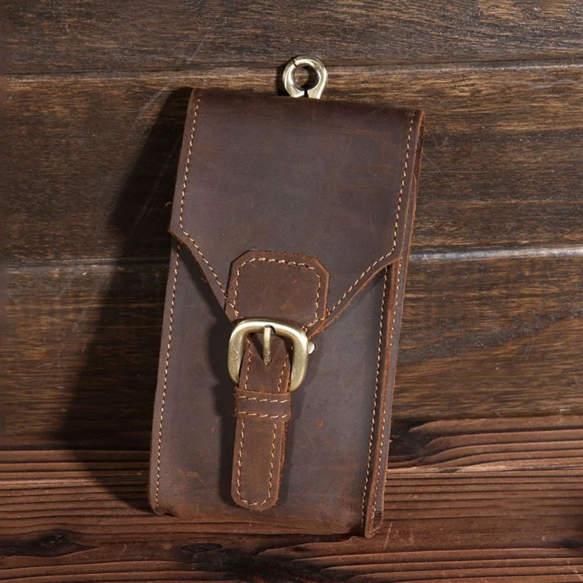 Riñonera Retro de cuero de vaca auténtico para hombre, bolsa para teléfono móvil al aire libre, cartera de mano, monedero con hebilla ajustable