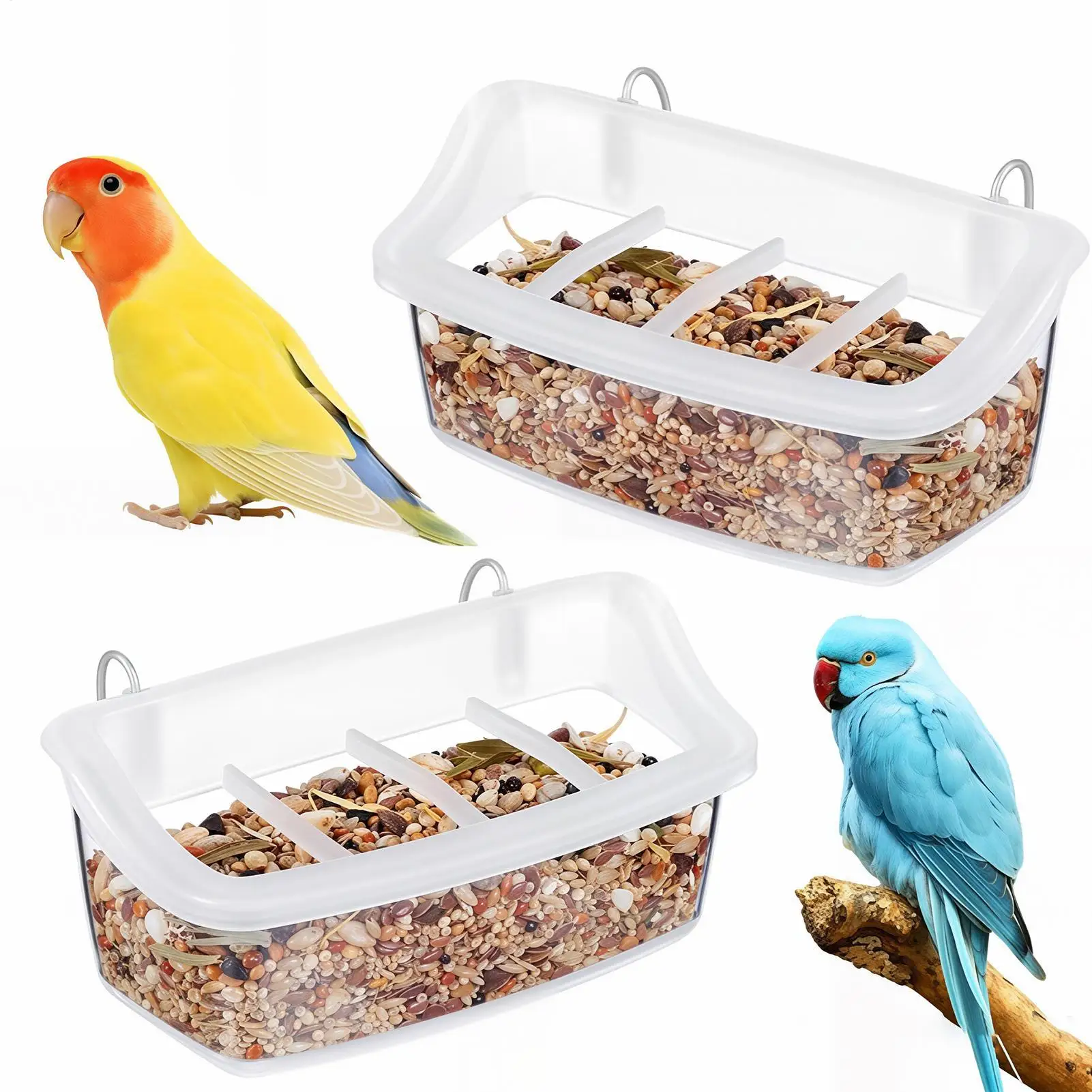 Vogelkäfig-Futterspender, auslaufsicherer Käfig-Vogelfutterspender mit Haken, transparenter Futterbehälter, Käfig-Papageienfutterschale, Wasserschale – Detail 5