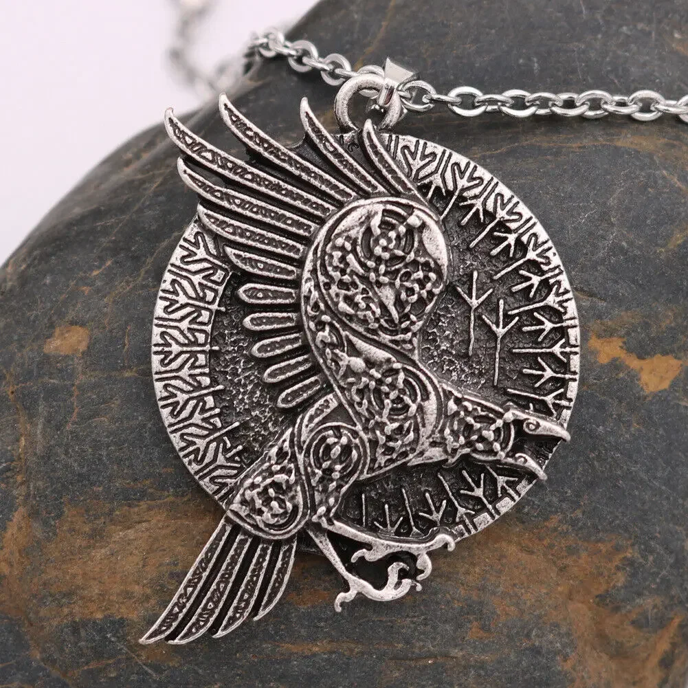 

CHUANGCHENG Free Shipping Vintage Norse Talisman Amulet Raven Crow Pendant Stainless Steel Men's Necklace Chains