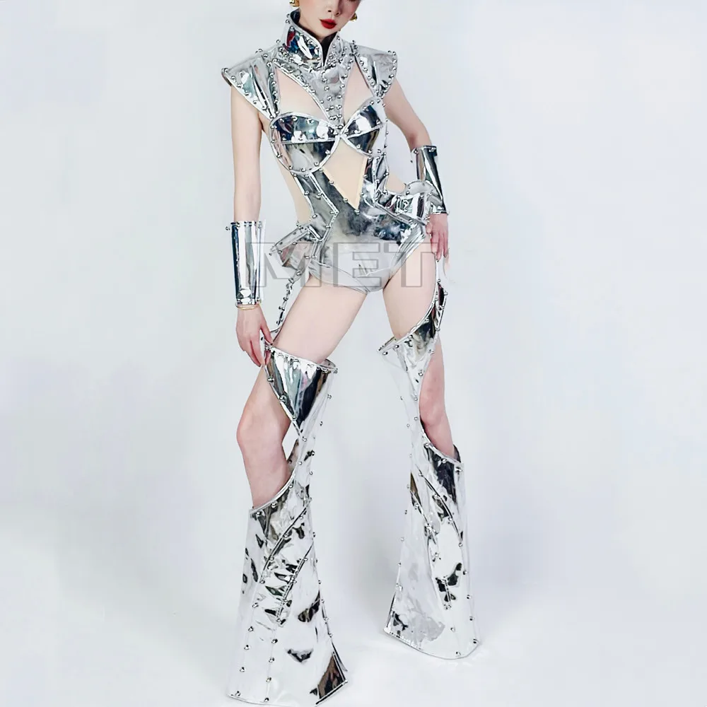 Women Drag Queen Costume Gogo Singer Dancer Performance Clothes Club Party Sexy Stage Wear Silver Rivet Laser Leather Bodysuit