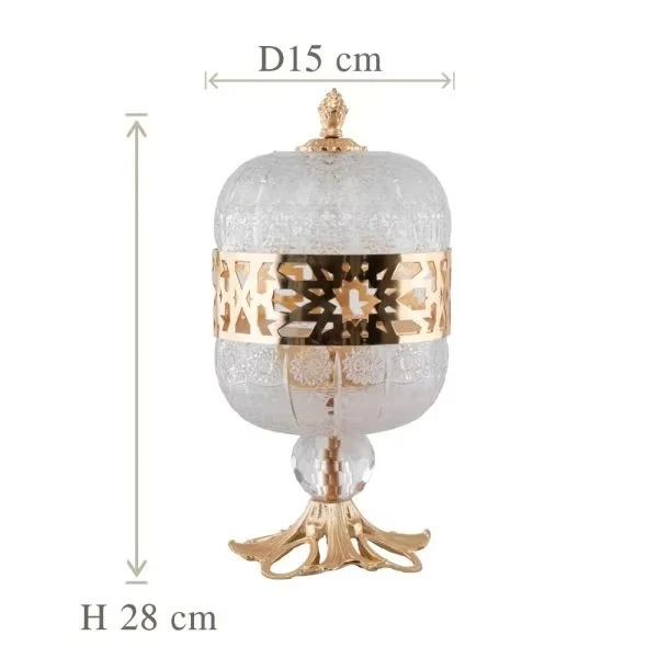 مبخرة نحاسية ذهبية مع غطاء مزخرف وتصميم قاعدة بقاعدة أنيقة منقوشة بجسم كريستالي