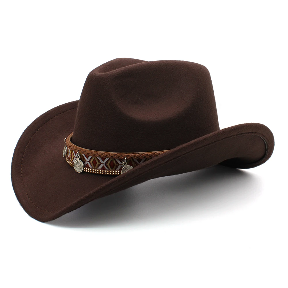 Retro Women Men /Kid Child Wool Wide Brim Cowboy Western Hat Cowgirl Bowler Cap Totems Pattern Leather Band (54-57-61cm)