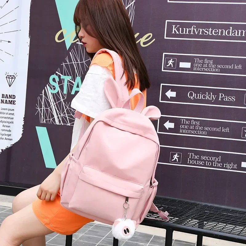 

Pink color Teen School Bag for Girls Backpack Women Bookbags Middle Student Schoolbag Large Black Cute Rabbit ears Nylon Bagpack