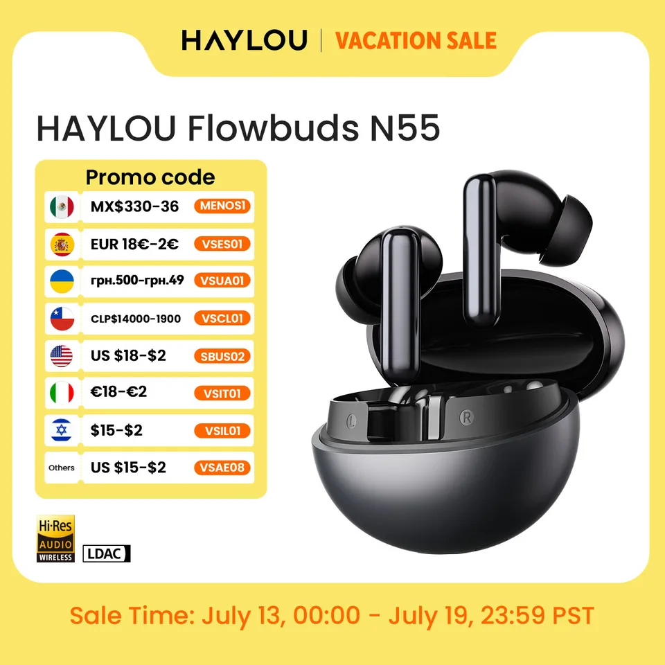 HAYLOU Flowbuds N55 무선 이어버드 54dB 적응형 ANC 블루투스 6.0 LDAC 고해상도 오디오 6-마이크 HD 통화 이어폰 40시간 재생 IPX5