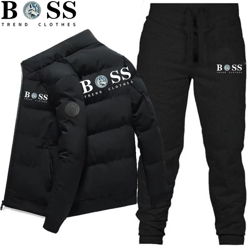 Men's jacket 2025 Fashion Winter Korean Men's Fashion Warm New Windproof High Quality Polyester Zipper Jacket andPants 2-p