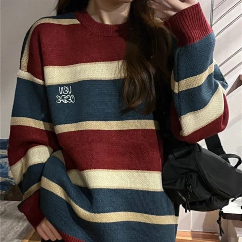 Maglione lavorato a maglia da donna vintage morbido e accogliente coreano Sle autunno inverno design taglia piccola Lazy Faion calore riscaldamento a righe Co...