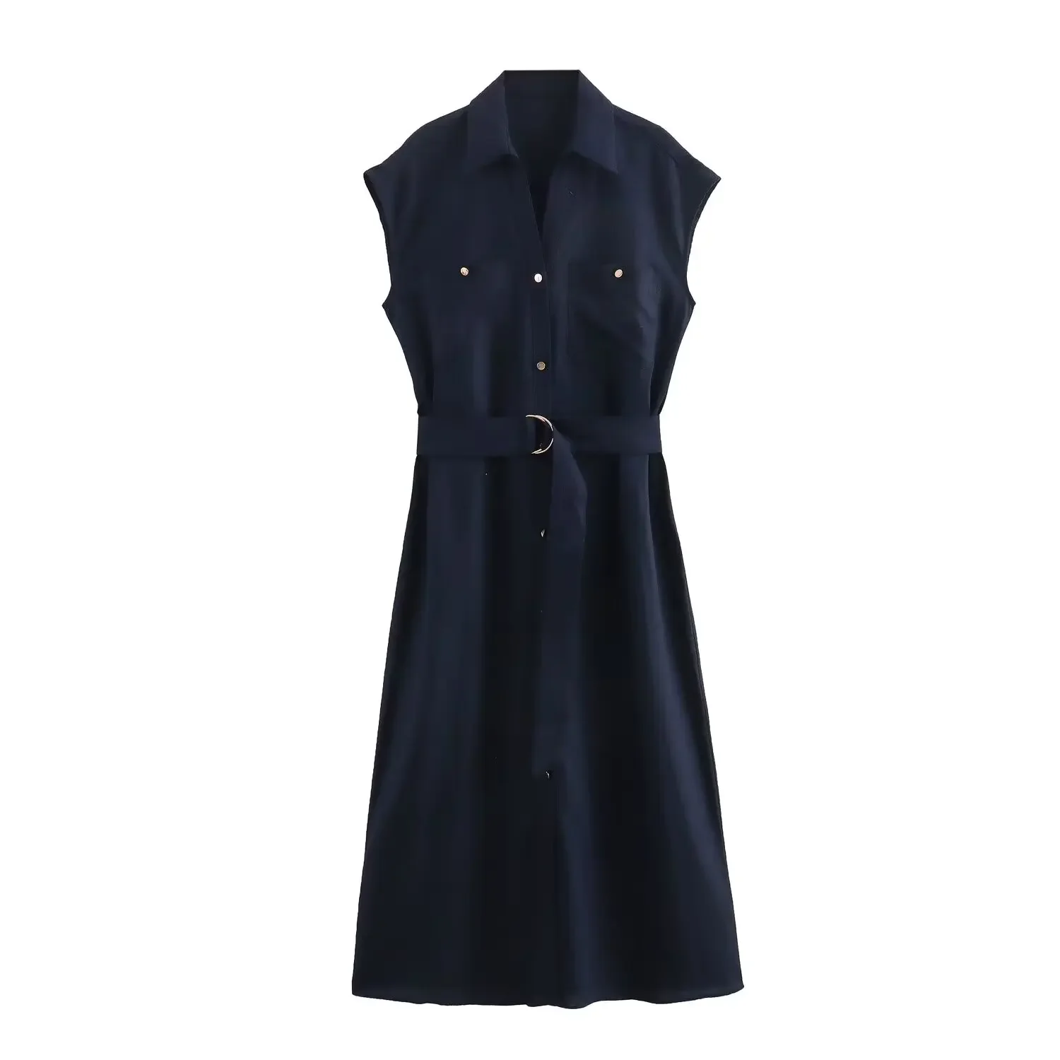 

Women's new Fashion belt decoration casual single breasted linen blend midi dress retro sleeveless pocket women's dress Mujer