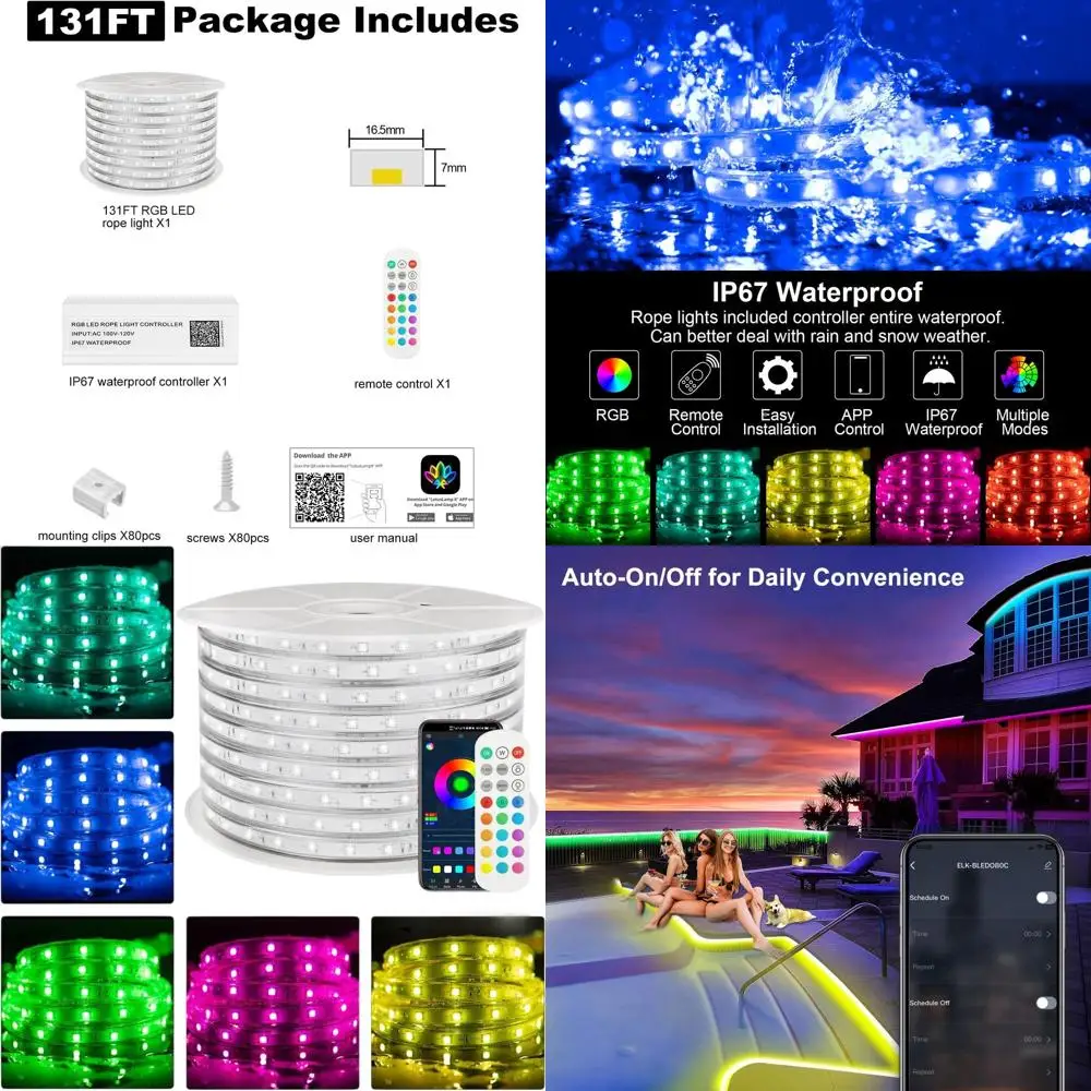 

Уличные водонепроницаемые светодиодные RGB-ленты с 36 светодиодами на метр, управлением через приложение, изменением цвета и синхронизацией с музыкой для бассейна, террасы и др.