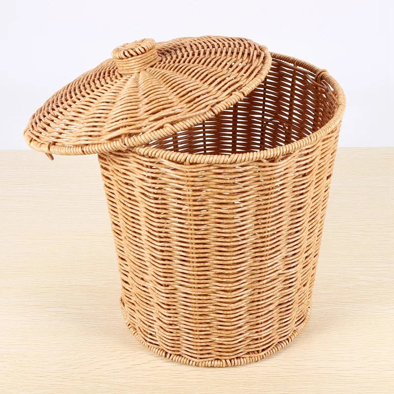 Woven Basket Trash Can Round Rattan Waste Basket With Lid Planter Woven Storage Baskets Wicker Wastebasket Garbage Bin