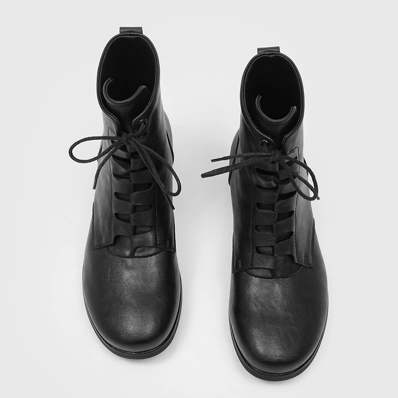 Black Retro Hollow Woven High Top Boots with Personalized Lace Up Soft Surface Temperament Trendy Versatile Boots