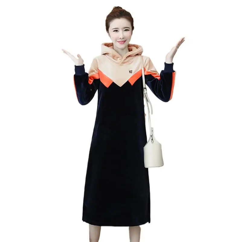 

Осенне-зимние женские платья с длинным рукавом и капюшоном, теплые лоскутные платья, женские повседневные свободные платья, винтажные женские платья