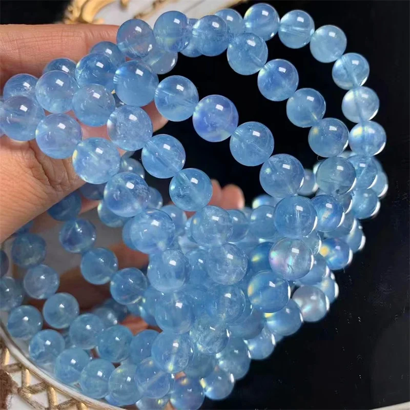 Natural Blue Aquamarine Bracelet Handmade Crystal Jewelry Stretch Bangle Children Birthday Gift 1pcs 9MM