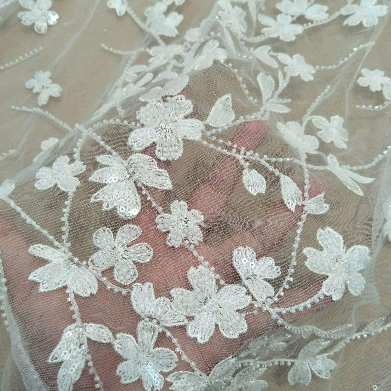 Bridal small flower wedding gown dress lace fabric with sequins 130cm width sell by yard