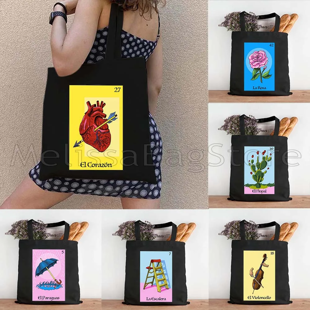 

The Heart Aztec Star Umbrella Watermelon ROSA Mexican Loteria Bingo Card Art Print Gift Shopper Canvas Totes Bag Cotton Handbags