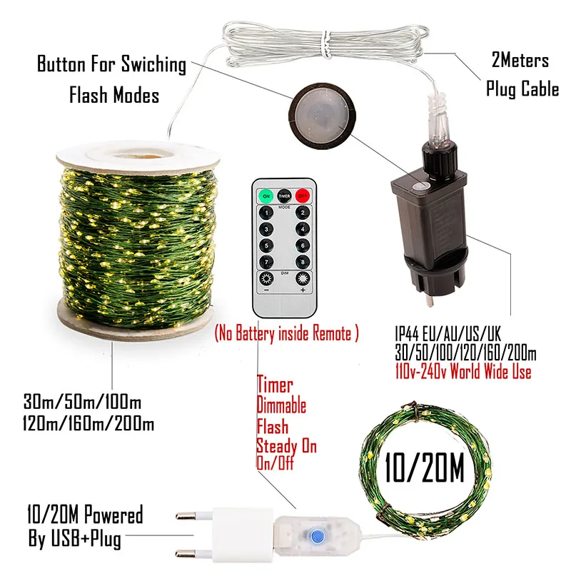 2000LED Green Wire String Lights 21M Remote Control Fairy Lights for Outdoor Garden Wedding Christmas Room Decoration