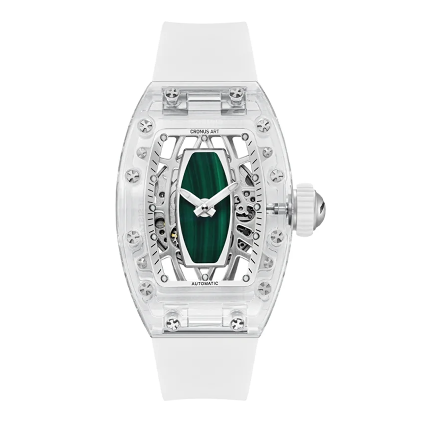 

CRONUSART женские автоматические часы Tonneau акриловый корпус женские механические наручные часы фторкаучуковый ремешок светящийся полый циферблат