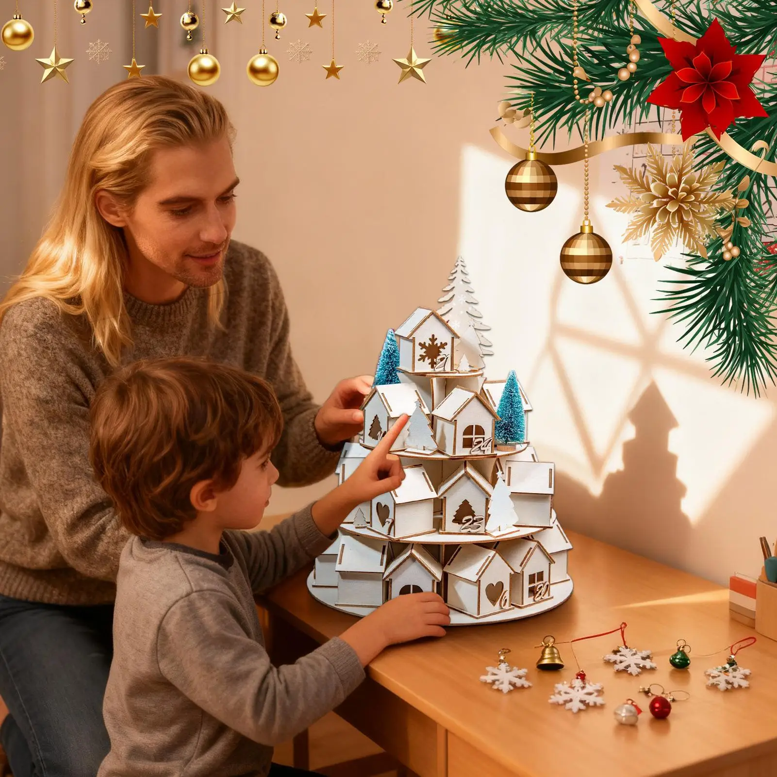 Casa vazia de contagem regressiva de natal, decoração festiva de advento, 24 casas vazios de contagem regressiva de advento para preencher crianças, família, meninas e mulheres